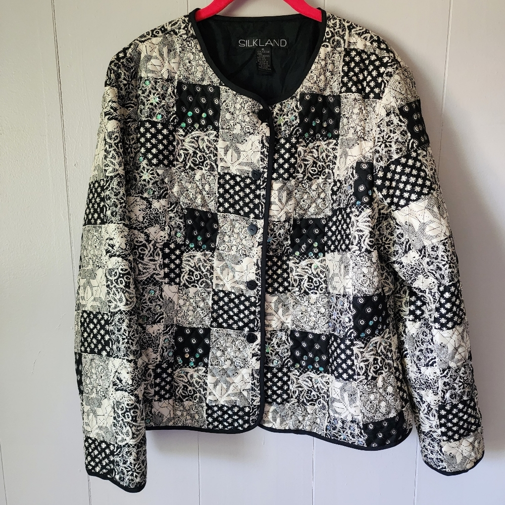 MAKE OFFER Vintage Silkland Black White Quilted Patchwork Jacket Women’s XL Boho